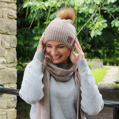 brown 100% Mulberry Silk-Lined Cashmere Beanie with Fox Fur Pom Pom