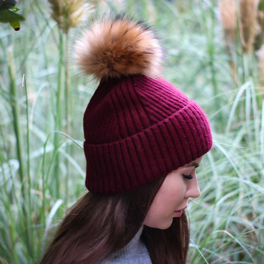 burgundy 100% Mulberry Silk-Lined Cashmere Beanie with Fox Fur Pom Pom