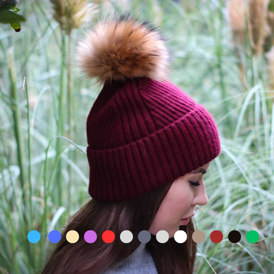 burgundy Silk-Lined Cashmere Beanie for Women – Frizz-Free Winter Hat with Fox Fur Pom Pom, Cozy Gift for Her, Soft Warm Luxury Beanie
