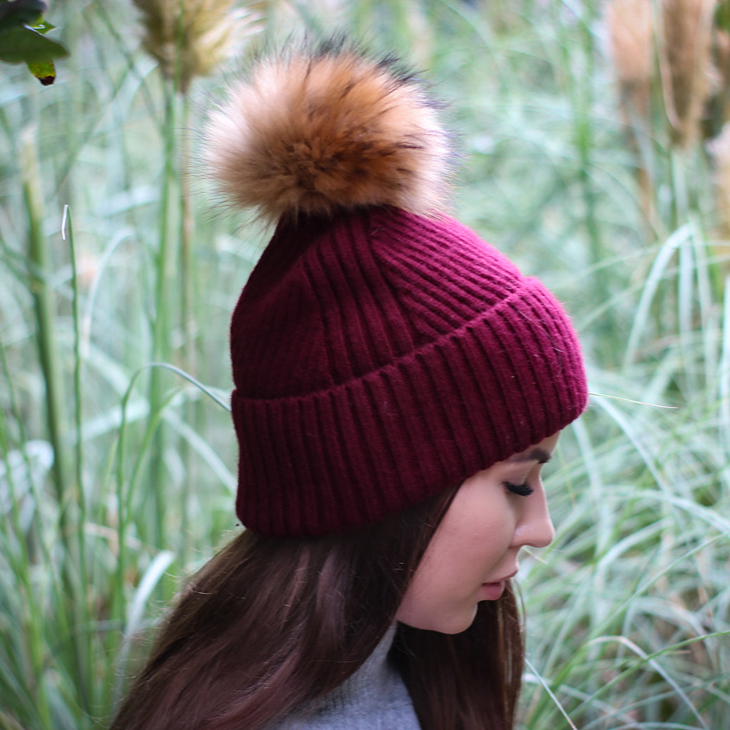 100% Mulberry Silk Lined Cashmere Hat – Fox Fur Pom Pom