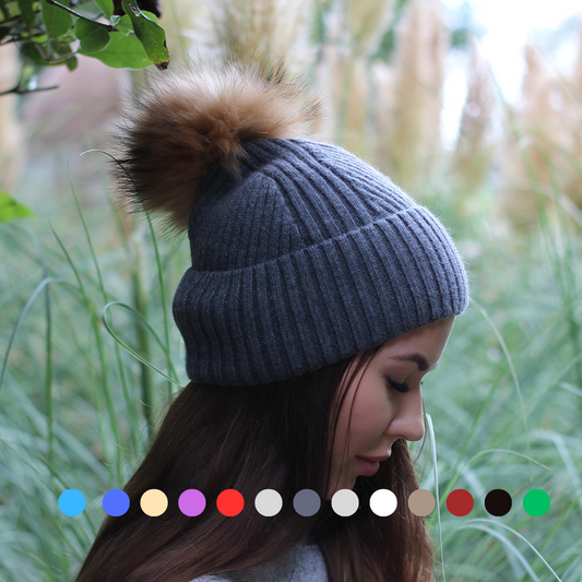 dar grey Silk-Lined Cashmere Beanie for Women – Frizz-Free Winter Hat with Fox Fur Pom Pom, Cozy Gift for Her, Soft Warm Luxury Beanie 