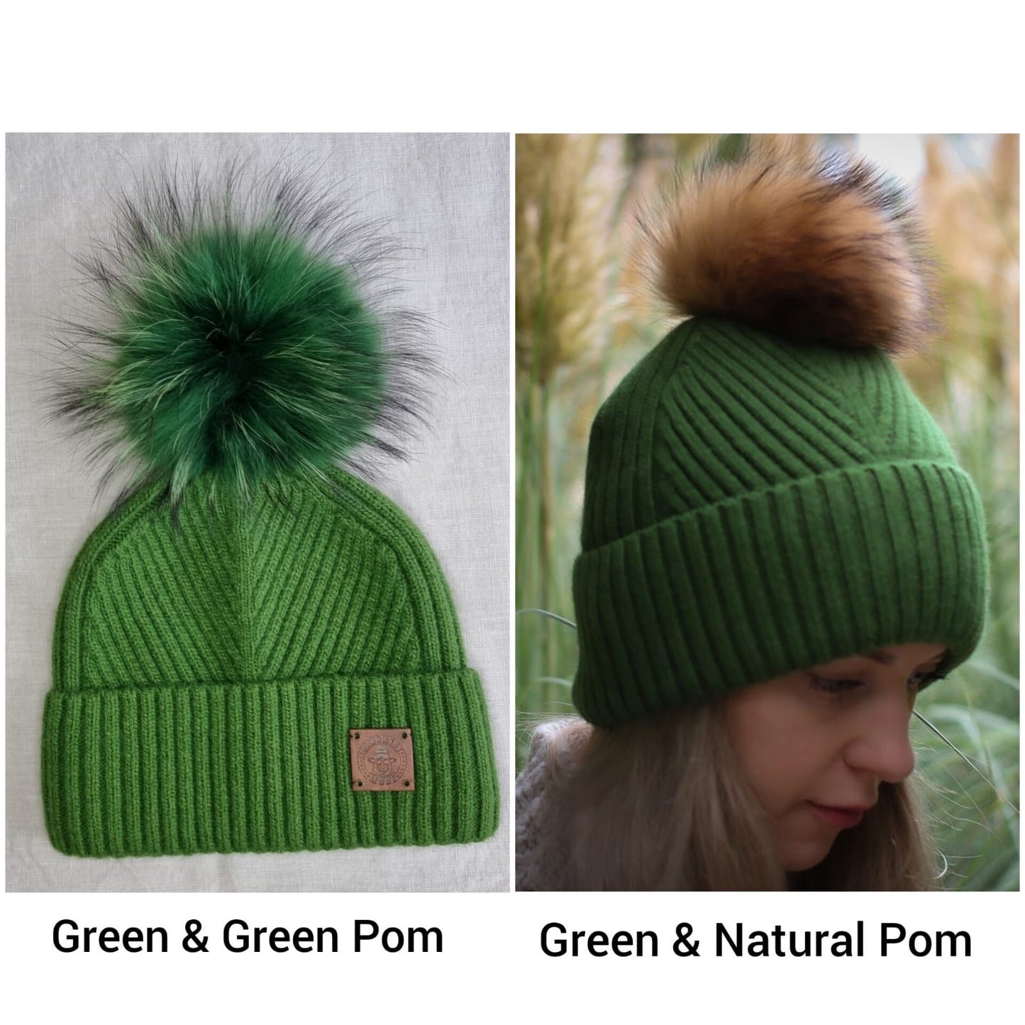 green Silk-Lined Cashmere Beanie for Women – Frizz-Free Winter Hat with Fox Fur Pom Pom, Cozy Gift for Her, Soft Warm Luxury Beanie