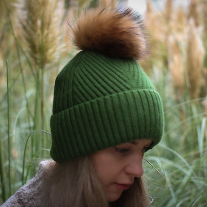 100% Mulberry Silk Lined Cashmere Hat – Fox Fur Pom Pom