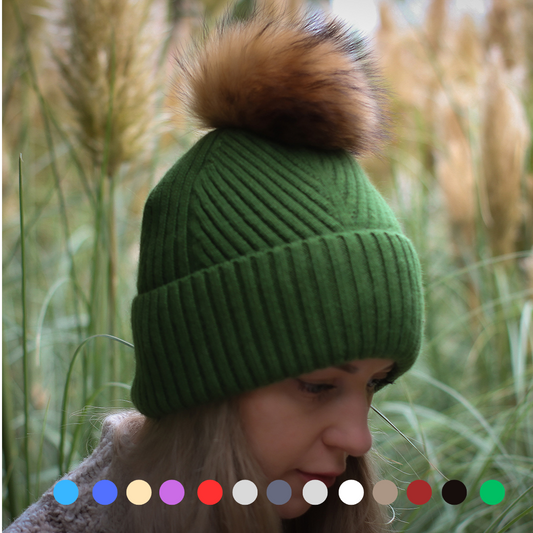 Silk-Lined Cashmere Beanie for Women – Frizz-Free Winter Hat with Fox Fur Pom Pom, Cozy Gift for Her, Soft Warm Luxury Beanie