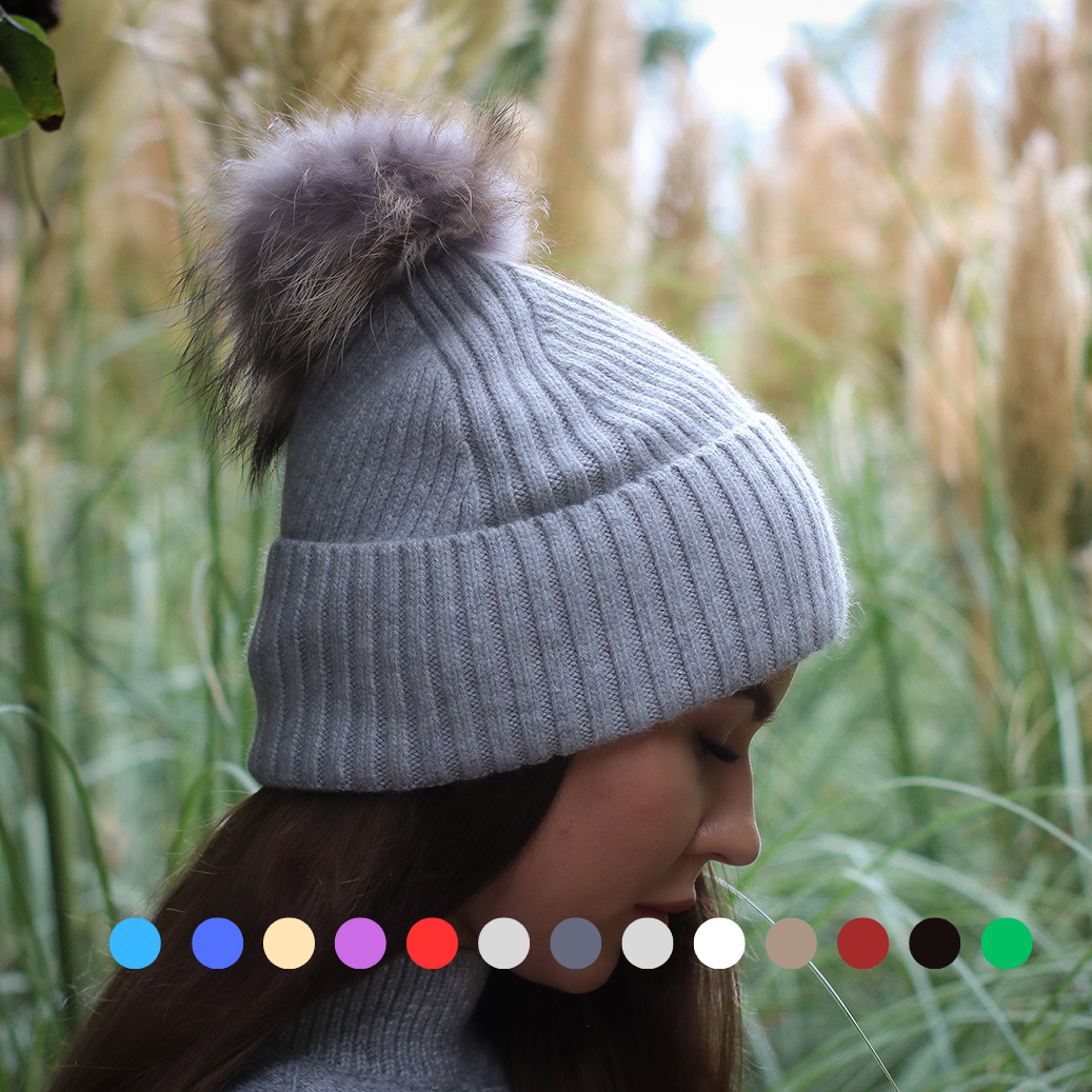 Silk-Lined Cashmere Beanie for Women – Frizz-Free Winter Hat with Fox Fur Pom Pom, Cozy Gift for Her, Soft Warm Luxury Beanie