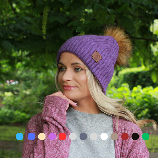 Silk-Lined Cashmere Beanie for Women – Frizz-Free Winter Hat with Fox Fur Pom Pom, Cozy Gift for Her, Soft Warm Luxury Beanie