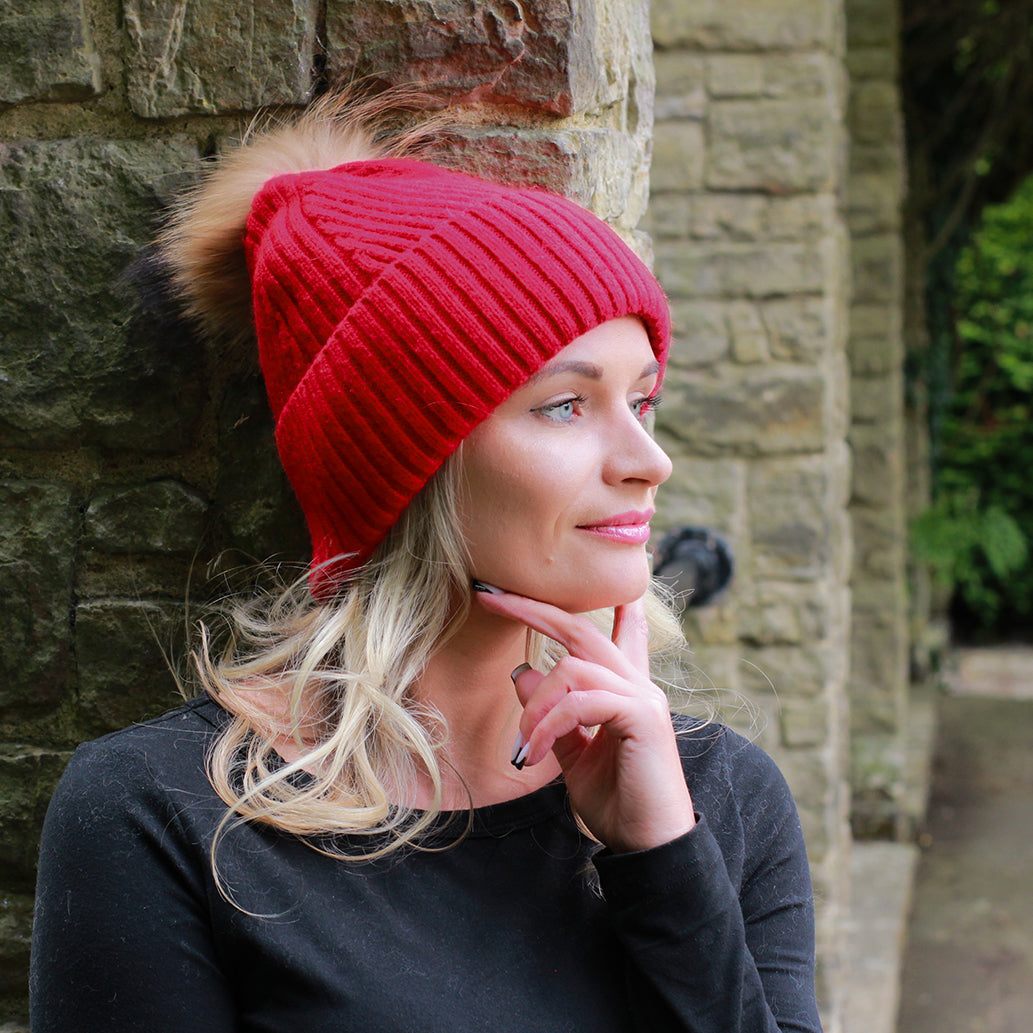 red Silk-Lined Cashmere Beanie for Women – Frizz-Free Winter Hat with Fox Fur Pom Pom, Cozy Gift for Her, Soft Warm Luxury Beanie