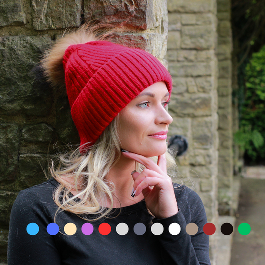 Silk-Lined Cashmere Beanie for Women – Frizz-Free Winter Hat with Fox Fur Pom Pom, Cozy Gift for Her, Soft Warm Luxury Beanie