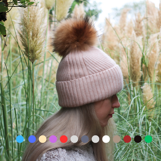 Silk-Lined Cashmere Beanie for Women – Frizz-Free Winter Hat with Fox Fur Pom Pom, Cozy Gift for Her, Soft Warm Luxury Beanie