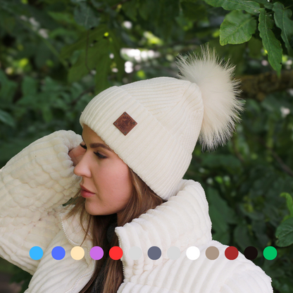 white 100% Mulberry Silk-Lined Cashmere Beanie with Fox Fur Pom Pom