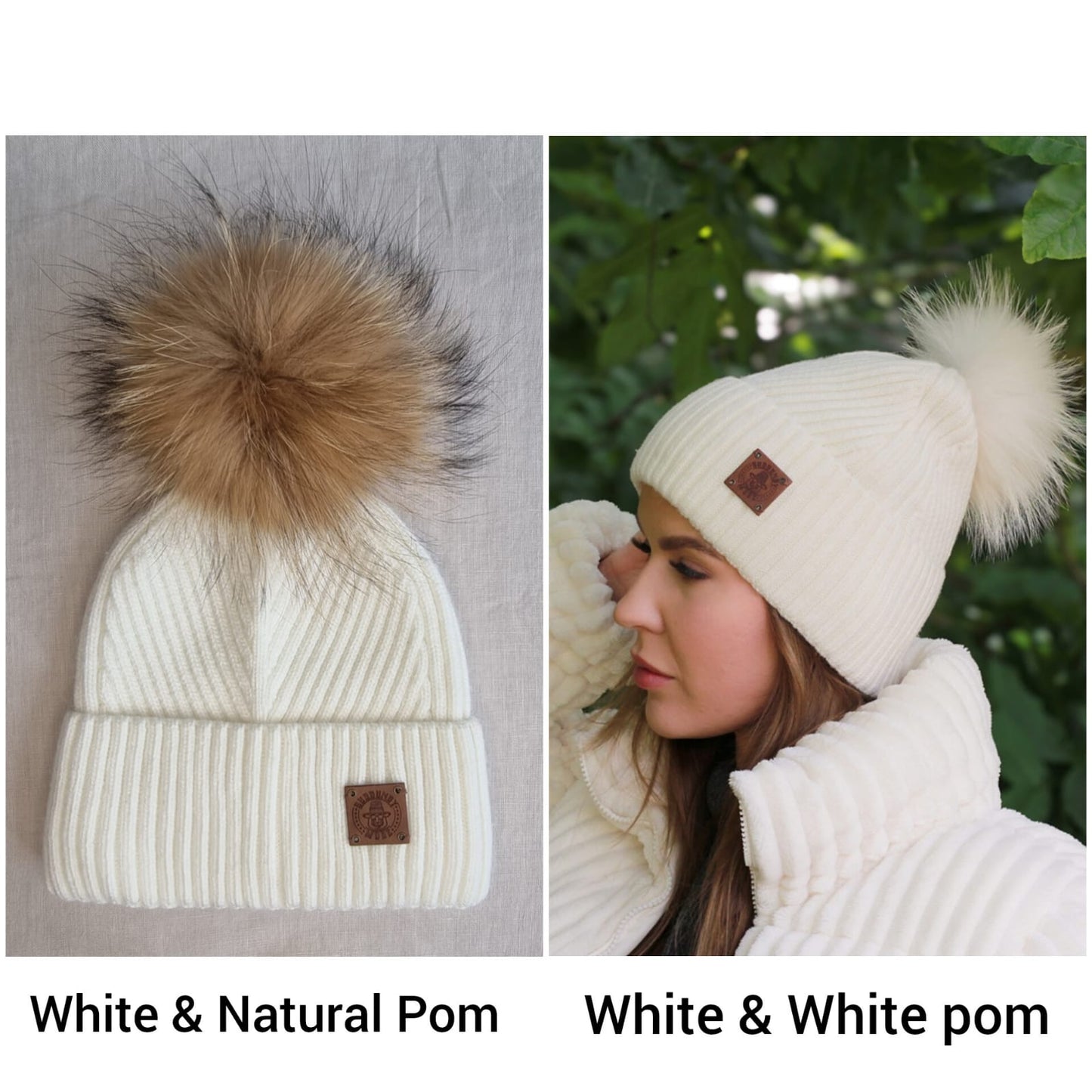 white Silk-Lined Cashmere Beanie for Women – Frizz-Free Winter Hat with Fox Fur Pom Pom, Cozy Gift for Her, Soft Warm Luxury Beanie
