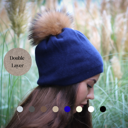Cashmere Winter Hat for Women – Soft Double Layer Beanie, Warm and Breathable Knit Fox Fur Pom Pom Hat, Elegant Cold Weather Gift for Her