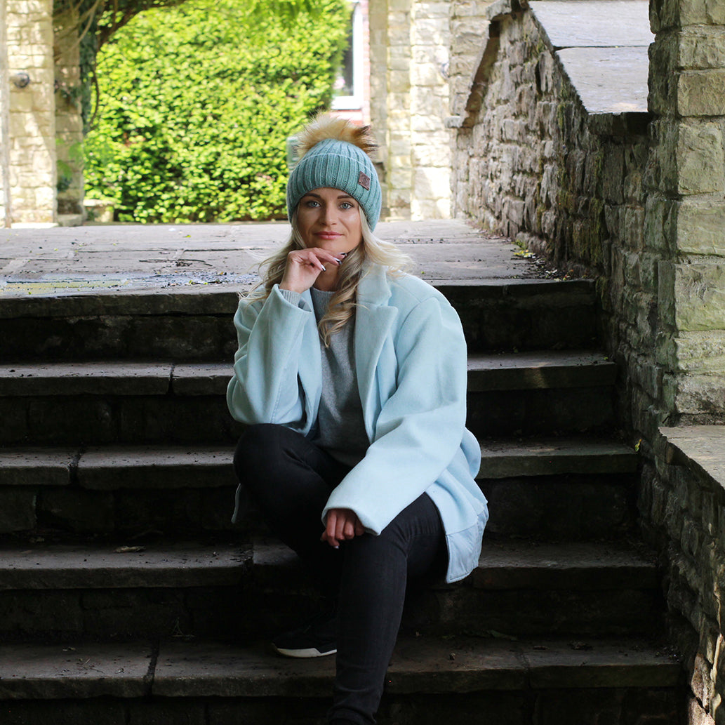 aqua blue Silk-Lined Women’s Cashmere Hat – Smaller Size Beanie with Faux Fur Pom Pom, Soft & Warm Winter Hat, Gift for Her