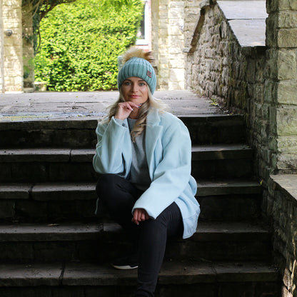 aqua blue Silk-Lined Women’s Cashmere Hat – Smaller Size Beanie with Faux Fur Pom Pom, Soft & Warm Winter Hat, Gift for Her