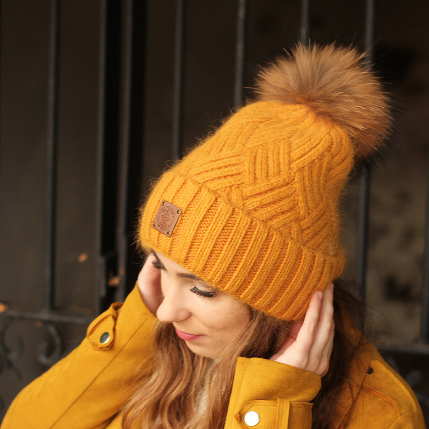 yellow womens winter real fur hat