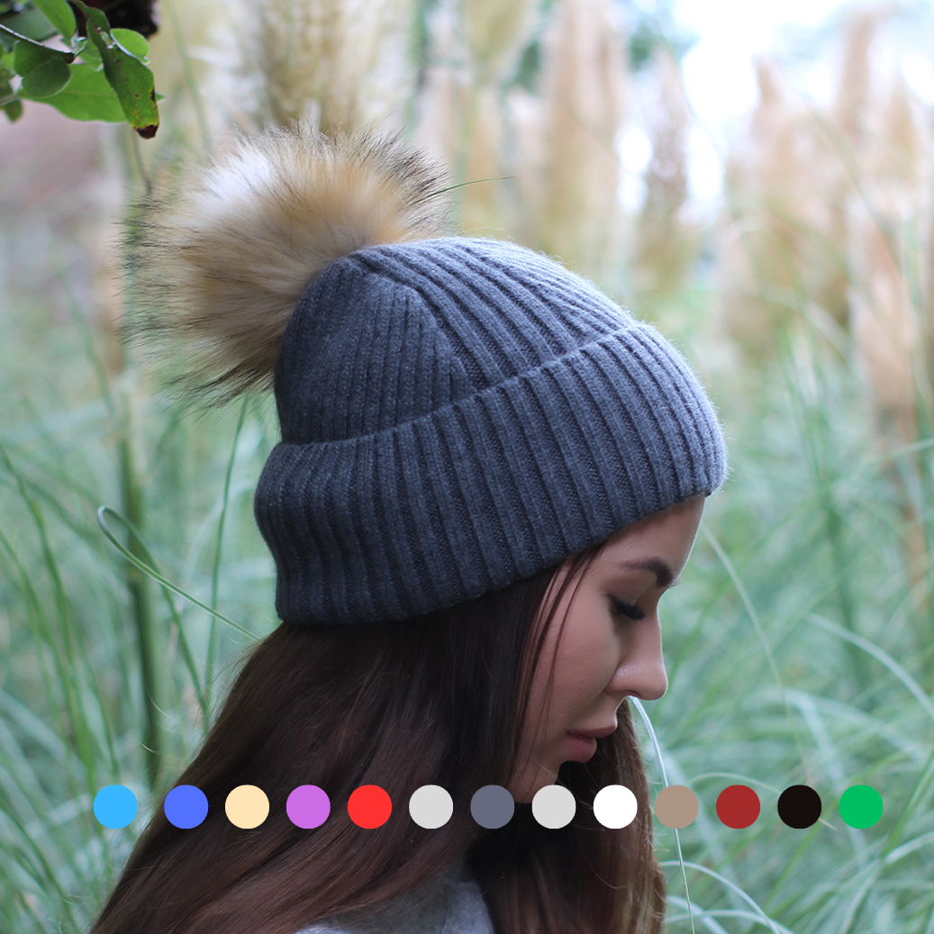 dark grey Silk-Lined Cashmere Beanie for Women – Frizz-Free Winter Hat with Faux Fur Pom Pom, Cozy Gift for Her, Soft Warm Luxury Beanie 