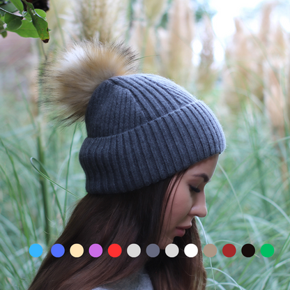 dark grey Satin-Lined Women’s Cashmere Beanie with Faux Fur Pom Pom