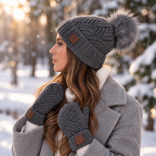 dark-grey-Cashmere Hat and Mittens Set for Women