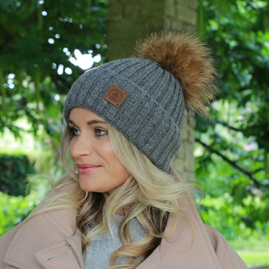 dark-grey-Satin-Lined Cashmere Hat with Fox Fur Pom Pom – Smaller Size