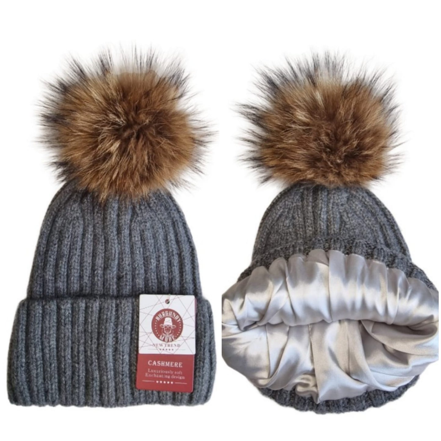 Silk-Lined Women’s Cashmere Hat – Smaller Size Beanie with Real FOX Fur Pom Pom, Soft & Warm Winter Hat, Gift for Her