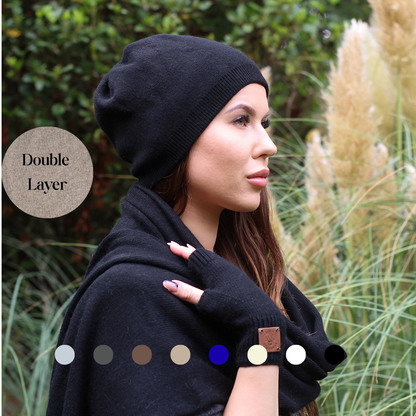 black Cashmere Winter Hat for Women – Soft Double Layer Beanie, Warm and Breathable Knit Hat, Elegant Cold Weather Gift for Her, Minimalist Style