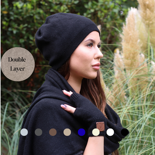 black Cashmere Winter Hat for Women – Soft Double Layer Beanie, Warm and Breathable Knit Hat, Elegant Cold Weather Gift for Her, Minimalist Style