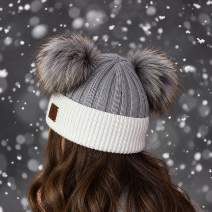 Cashmere double fox fur pom pom hat