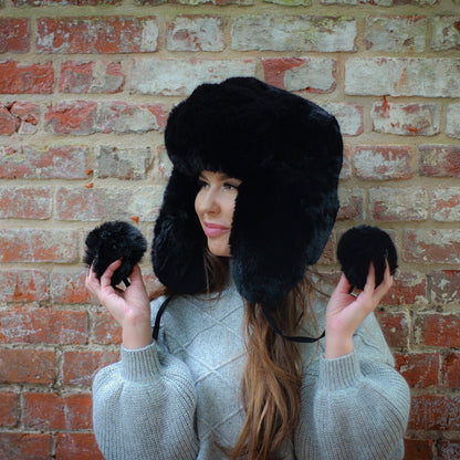 black Luxury Faux Fur Trapper Hat – Windproof Earflap Hat for Women, Warm Winter Lined Snow Hat, Cozy Gift for Her