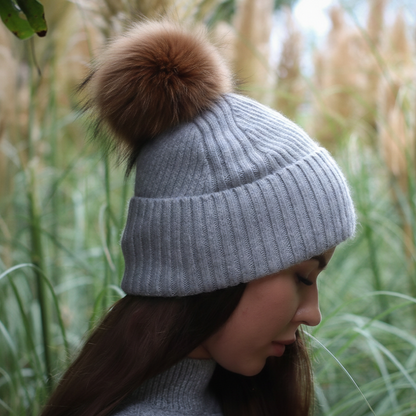 100% Mulberry Silk Lined Cashmere Hat – Fox Fur Pom Pom
