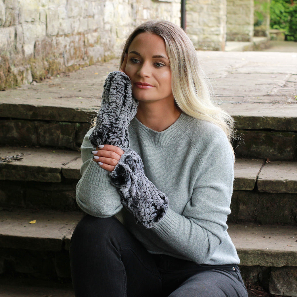 grey Natural Rabbit Fur Fingerless Gloves – Soft Knit Winter Hands and Wrists Warmers, Luxury Gift for Her