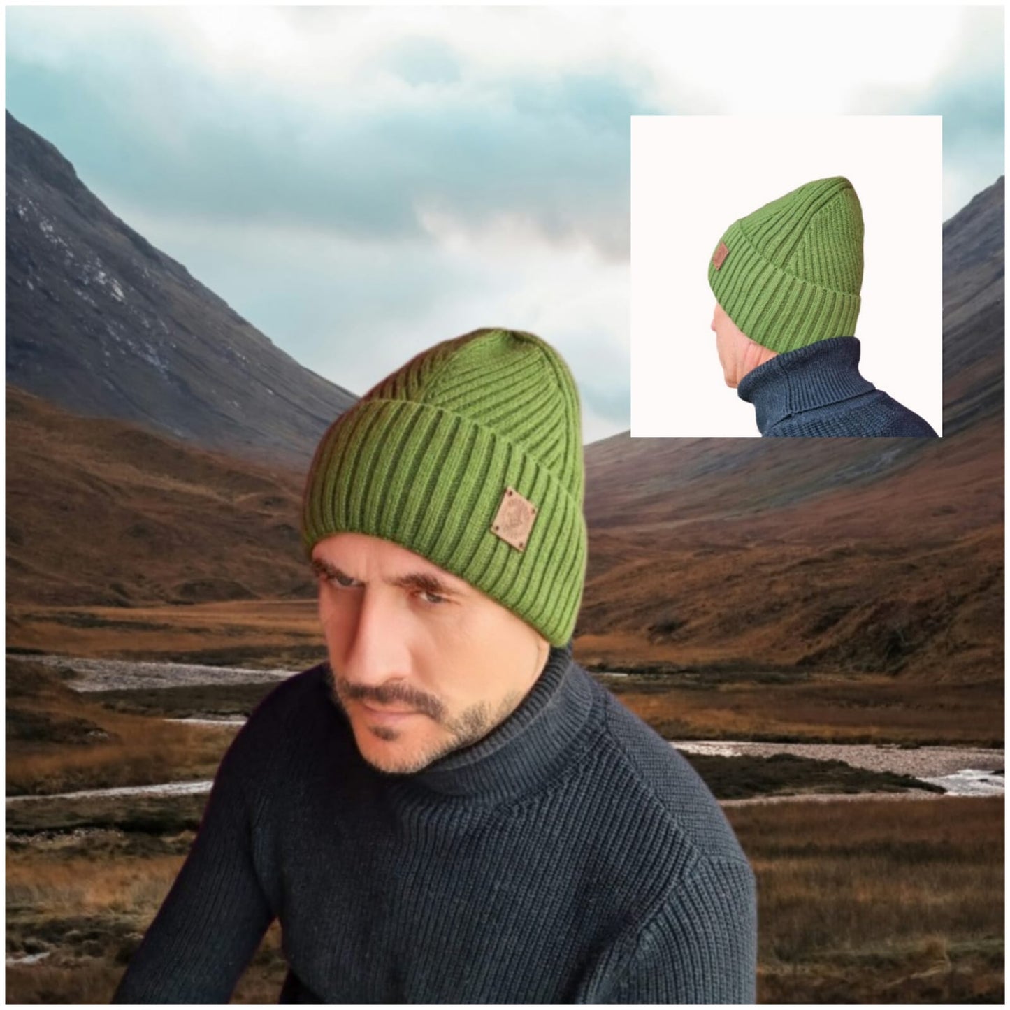 green Silk-Lined Men’s Cashmere Beanie for Winter — Soft, Warm Mens Winter Satin- Lined Hat, Luxury Gift for Him