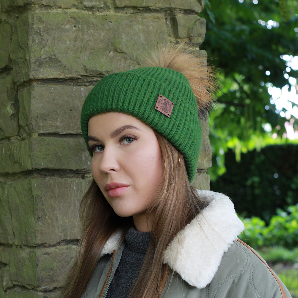 green Women’s cashmere hat with pure silk lining – real fur winter beanie for curly, frizz-free hair, perfect gift for her