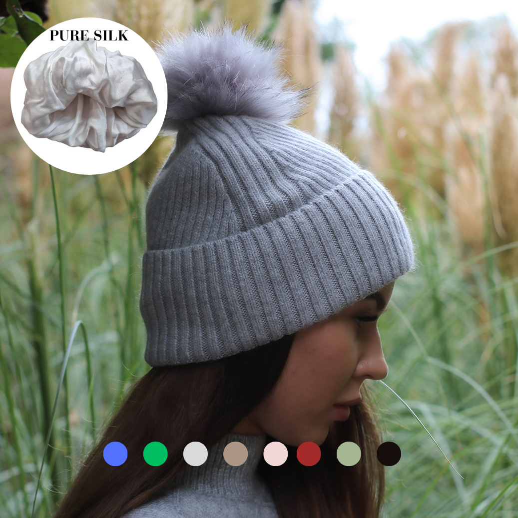 100% Mulberry Silk Lined Cashmere Hat – Faux Fur Pom Pom