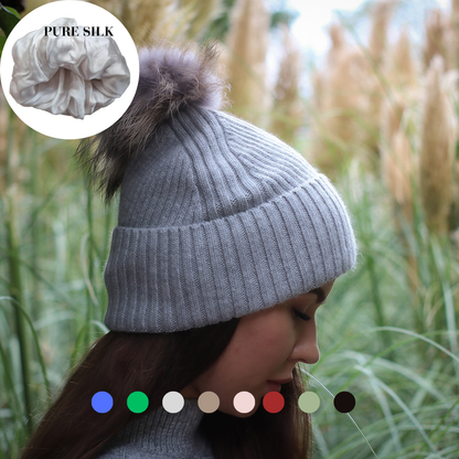 100% Mulberry Silk Lined Cashmere Hat – Fox Fur Pom Pom 