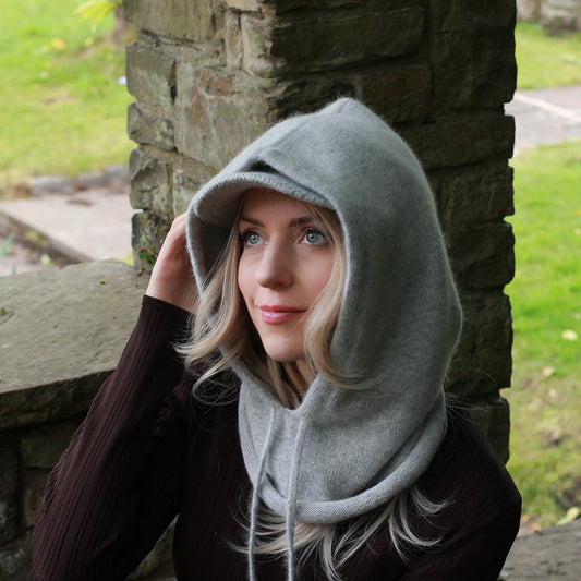 grey Cashmere Winter Hood Hat for Women – Warm Hooded Beanie, Soft Knit Balaclava Style, Cozy Head Cover, Luxury Gift for Her