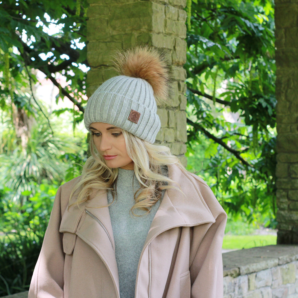 grey Silk-Lined Women’s Cashmere Hat – Smaller Size Beanie with Real FOX Fur Pom Pom, Soft & Warm Winter Hat, Gift for Her