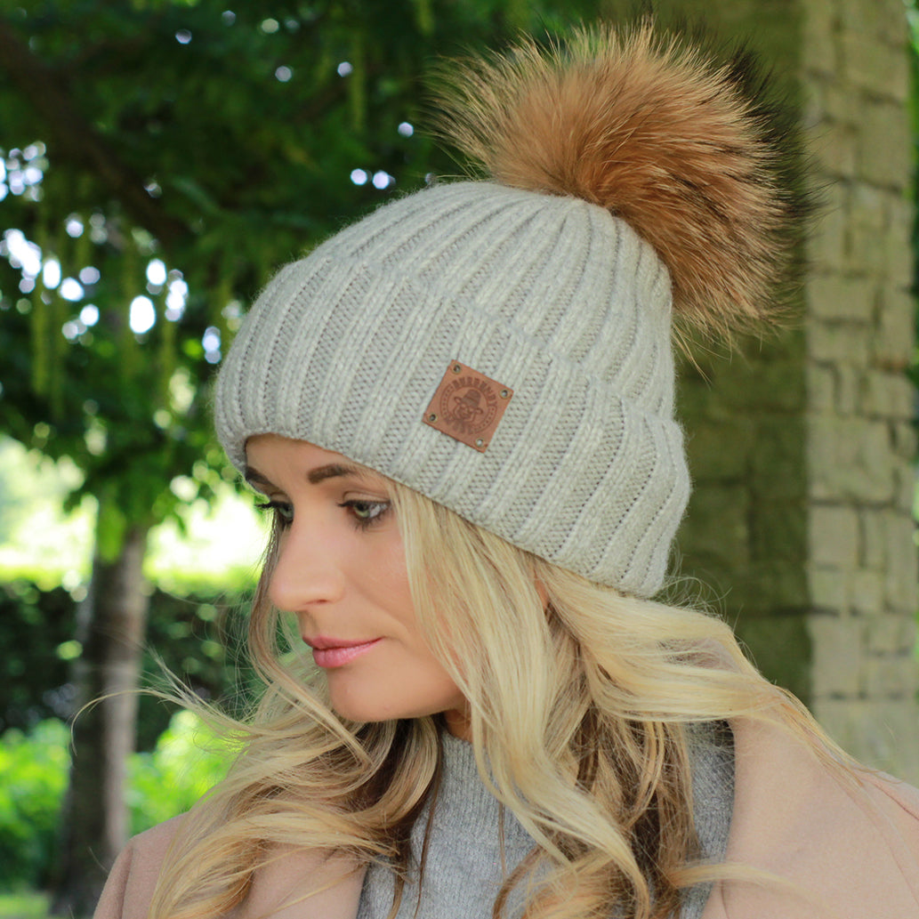 grey Silk-Lined Women’s Cashmere Hat – Smaller Size Beanie with Real FOX Fur Pom Pom, Soft & Warm Winter Hat, Gift for Her