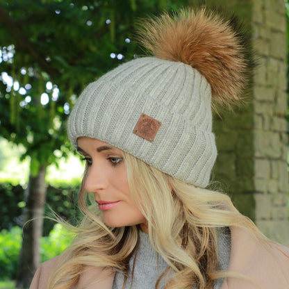 grey Silk-Lined Women’s Cashmere Hat – Smaller Size Beanie with Real FOX Fur Pom Pom, Soft & Warm Winter Hat, Gift for Her