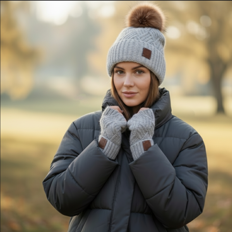 grey Cashmere hat and fingerless gloves set, Fox fur pom pom cashmere beanie hat, Warm and soft winter cashmere set for womens, Gift for her