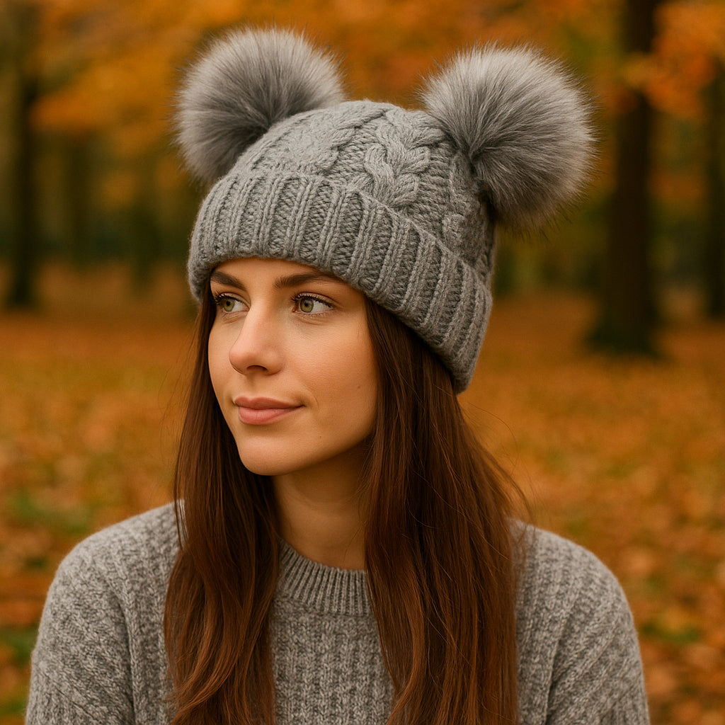 dark grey Women’s Double Pom Pom Winter Hat – Fleece-Lined Wool Beanie, Windproof & Warm, Cute Cold Weather Gift for Girls or Her