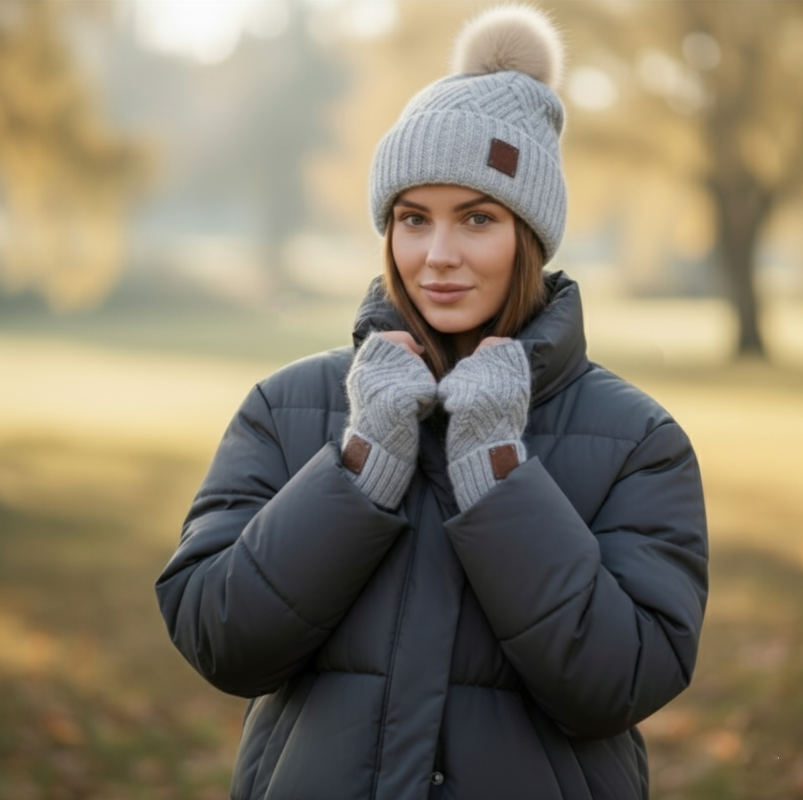 grey Cashmere hat and fingerless gloves set, Faux fur pom pom cashmere beanie hat, Warm and soft winter cashmere set for womens.   Gift for her