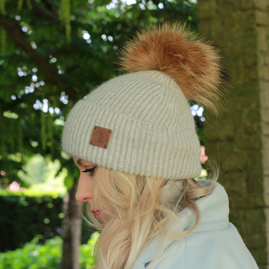 grey SET: Women’s Winter Cashmere Hat and Neck Warmer – Soft Warm Fox Fur Pom Pom Beanie & Snood Gift for Her, Cozy Cold Weather Accessory Set