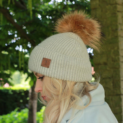 grey SET: Women’s Winter Cashmere Hat and Neck Warmer – Soft Warm Fox Fur Pom Pom Beanie & Snood Gift for Her, Cozy Cold Weather Accessory Set