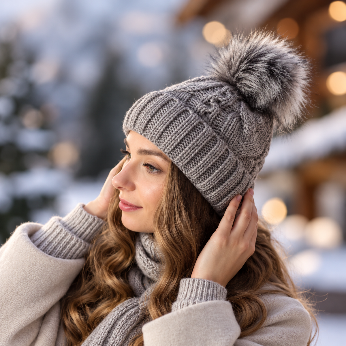 grey Women’s Fleece-Lined Wool Winter Hat with Pom Pom