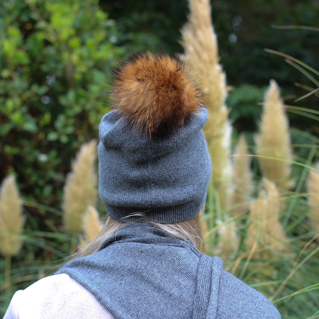 dark grey Cashmere Winter Hat for Women – Soft Double Layer Beanie, Warm and Breathable Knit Fox Fur Pom Pom Hat, Elegant Cold Weather Gift for Her