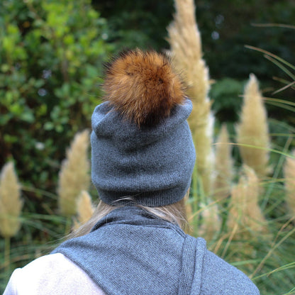 dark grey Cashmere Winter Hat for Women – Soft Double Layer Beanie, Warm and Breathable Knit Fox Fur Pom Pom Hat, Elegant Cold Weather Gift for Her