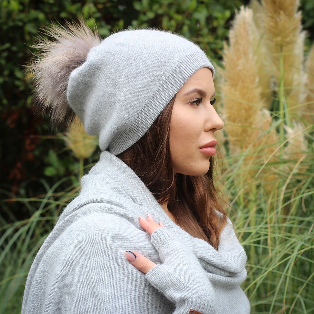 Light grey Cashmere Winter Hat for Women – Soft Double Layer Beanie, Warm and Breathable Knit Fox Fur Pom Pom Hat, Elegant Cold Weather Gift for Her