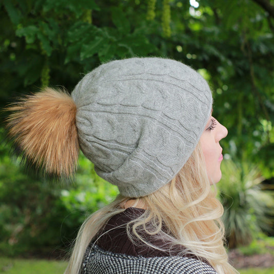grey Women's winter cashmere slouchy fox fur pom pom hat, Cashmere double layer warm beanie, Gift for her