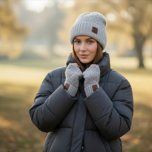 grey Cashmere hat and fingerless gloves set, Cashmere beanie hat, Warm and soft winter cashmere set for women's. Gift for her