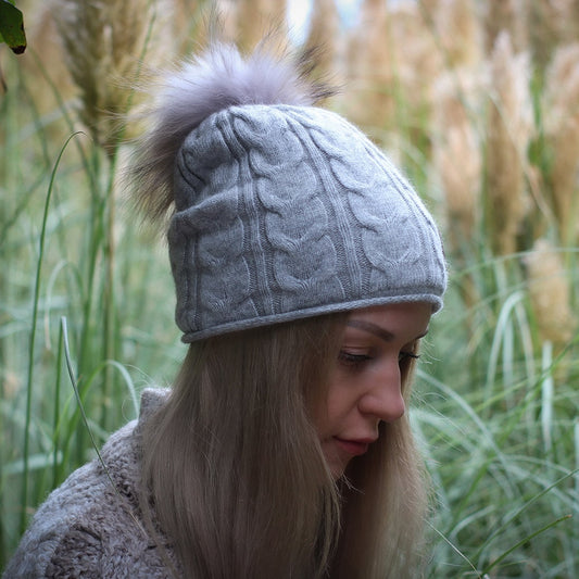 Grey Women's winter cashmere slouchy fox fur pom pom hat, Cashmere double layer warm beanie, Gift for her